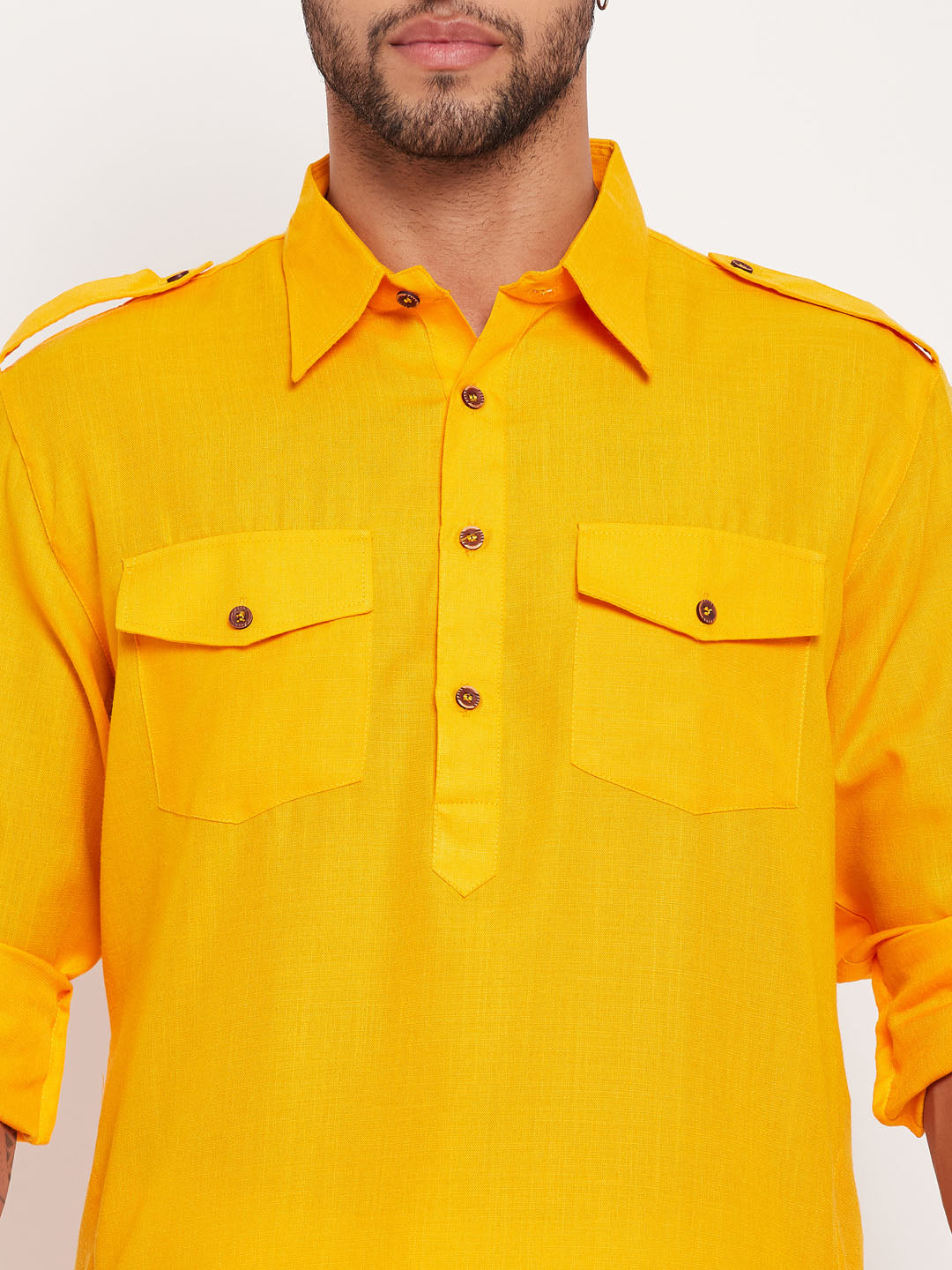 Men's Mustard And White Cotton Blend Pathani Suit Set