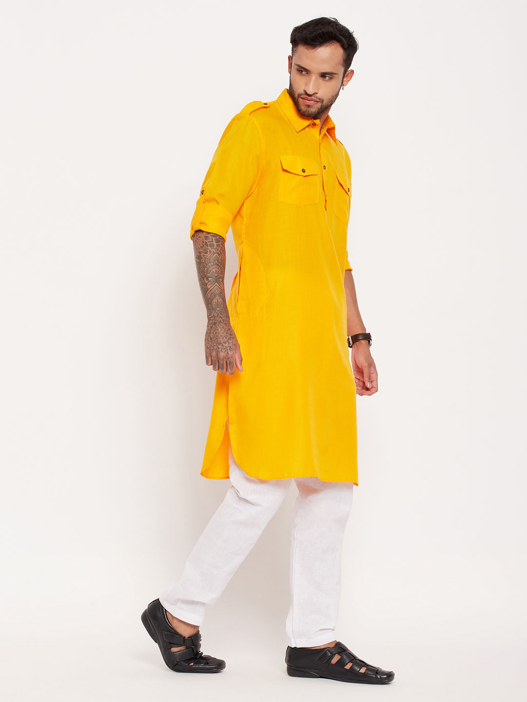 Men's Mustard And White Cotton Blend Pathani Suit Set