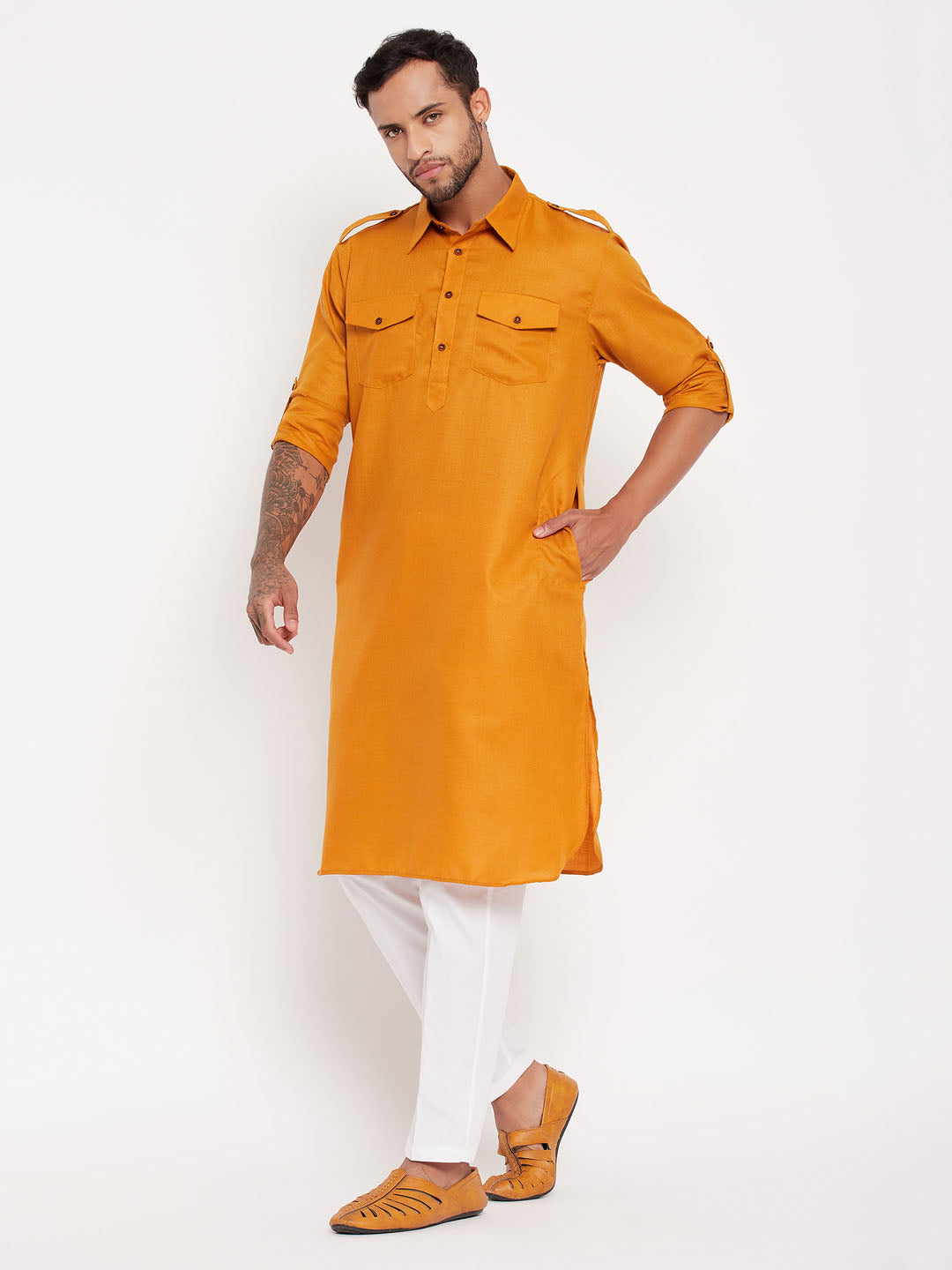 Men's Rust Pathani Suit With White Pant Set