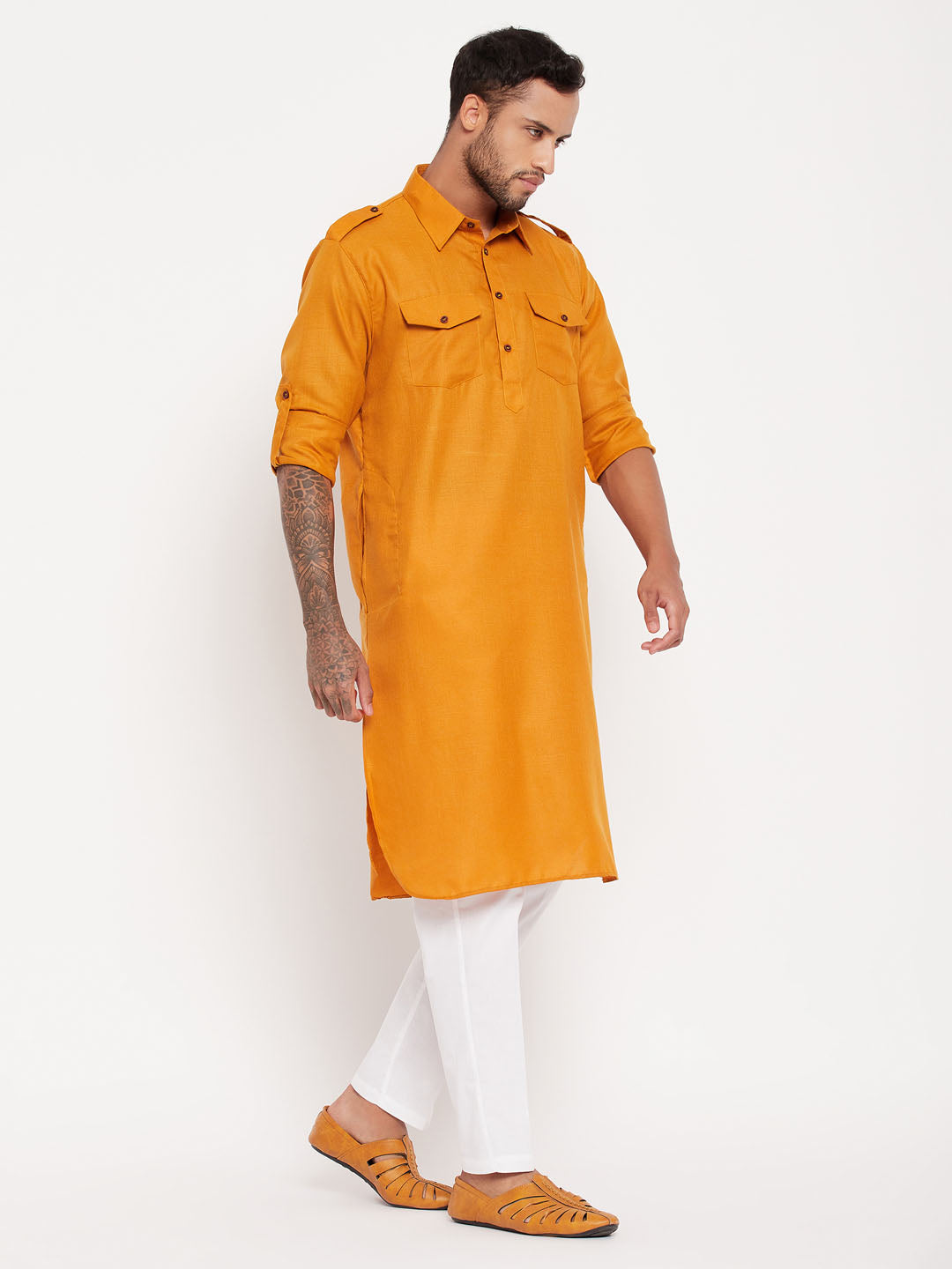 Men's Rust Pathani Suit With White Pant Set