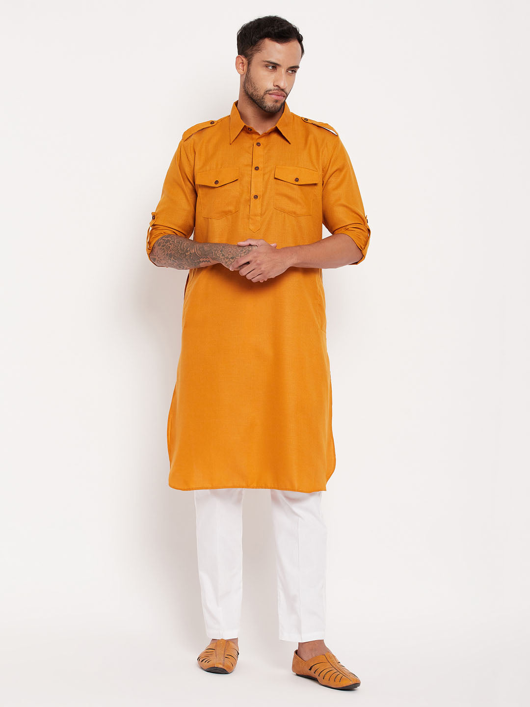 Men's Rust Pathani Suit With White Pant Set