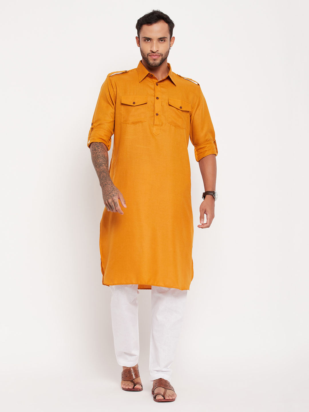 Men's Rust And White Cotton Blend Pathani Suit Set