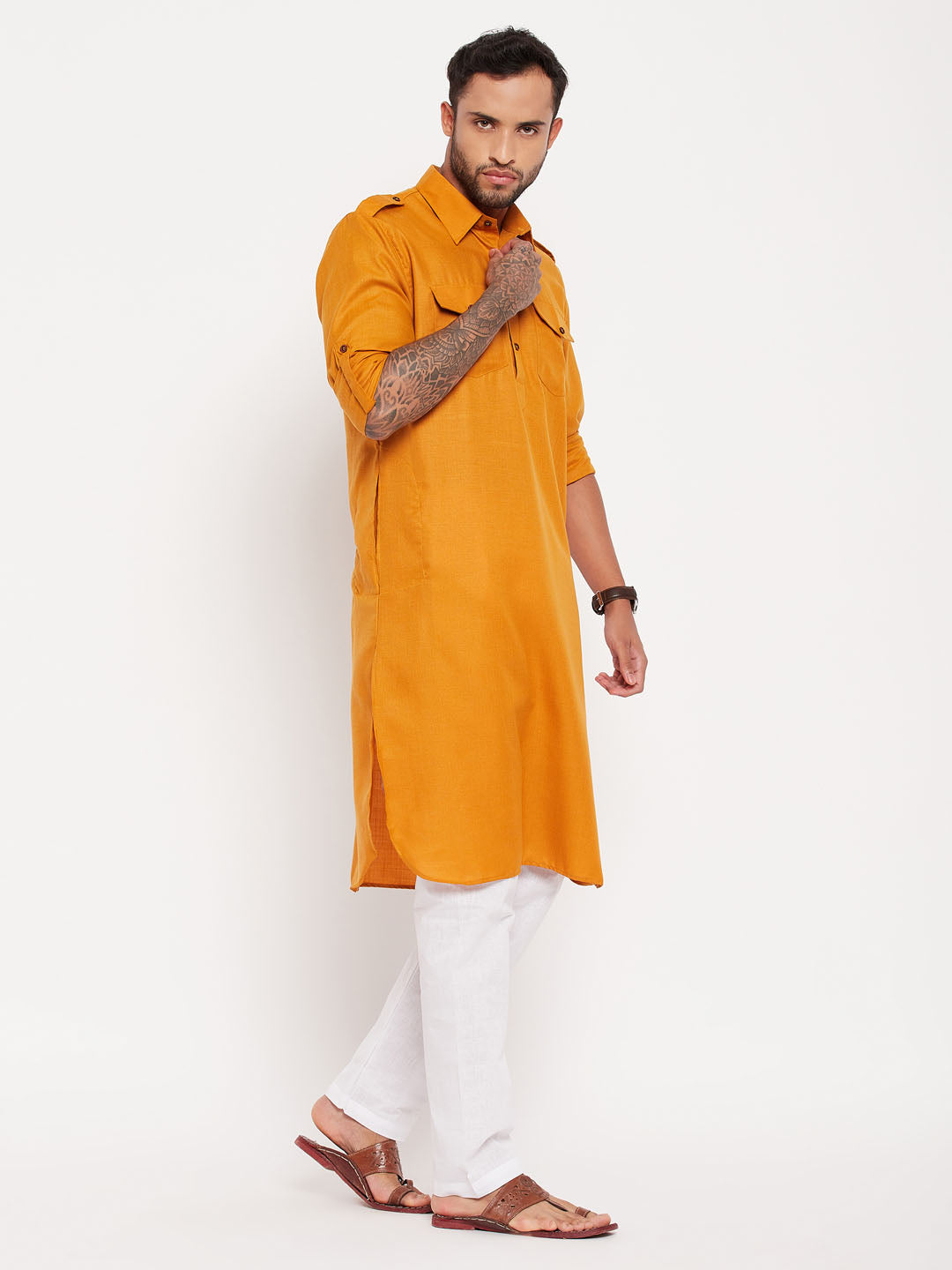 Men's Rust And White Cotton Blend Pathani Suit Set