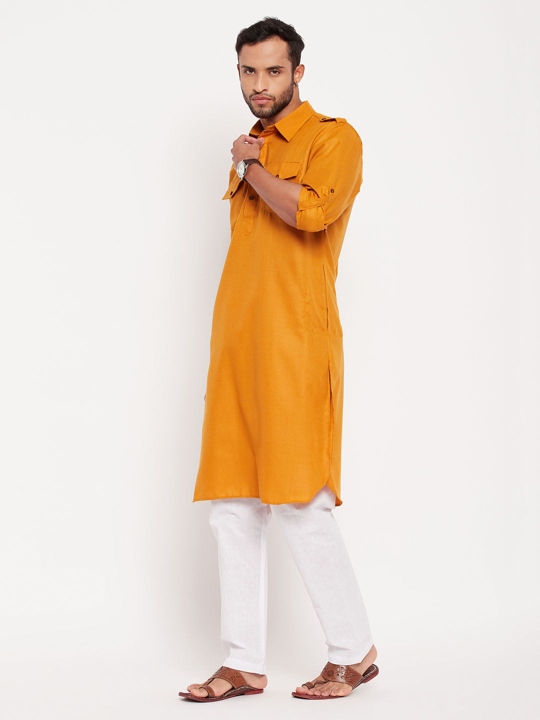 Men's Rust And White Cotton Blend Pathani Suit Set