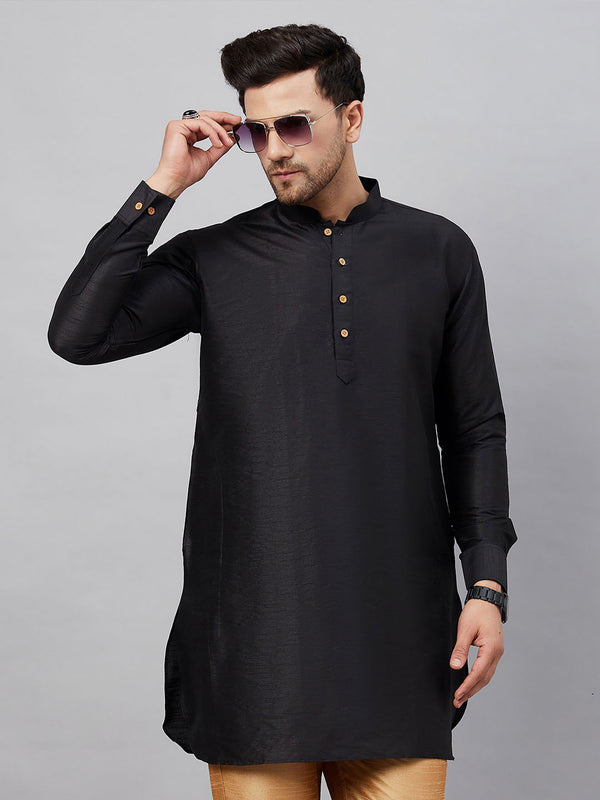 VASTRAMAY Men's Black Silk Blend Curved Kurta