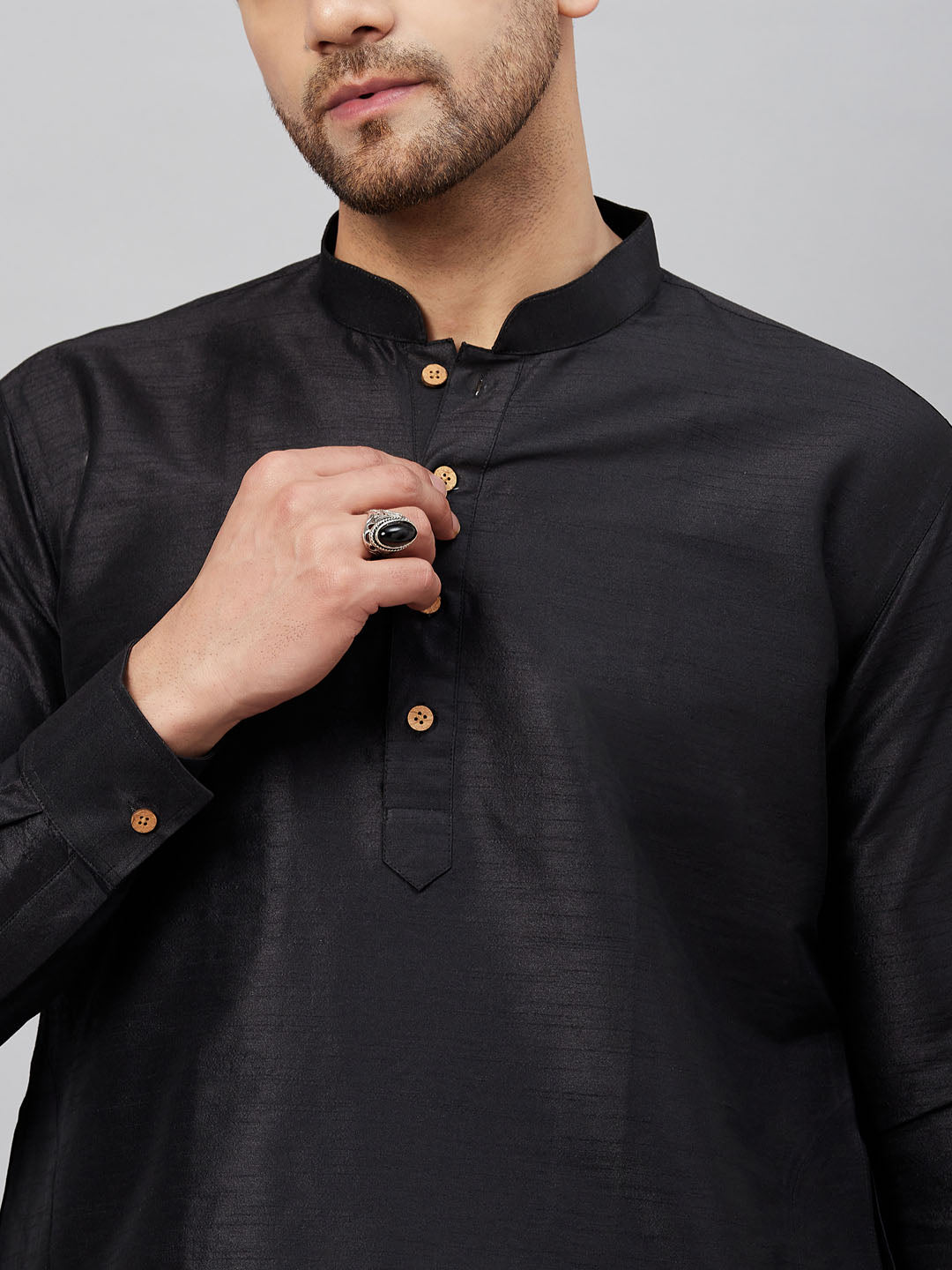 VASTRAMAY Men's Black Silk Blend Curved Kurta
