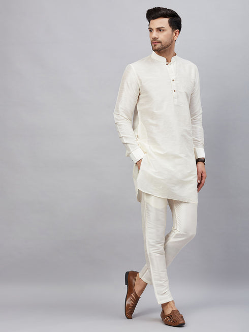 Men's Cream Silk Blend Curved Kurta Pant Set