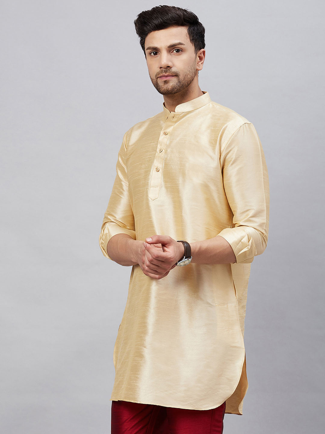 Men's Gold Silk Blend Curved Kurta