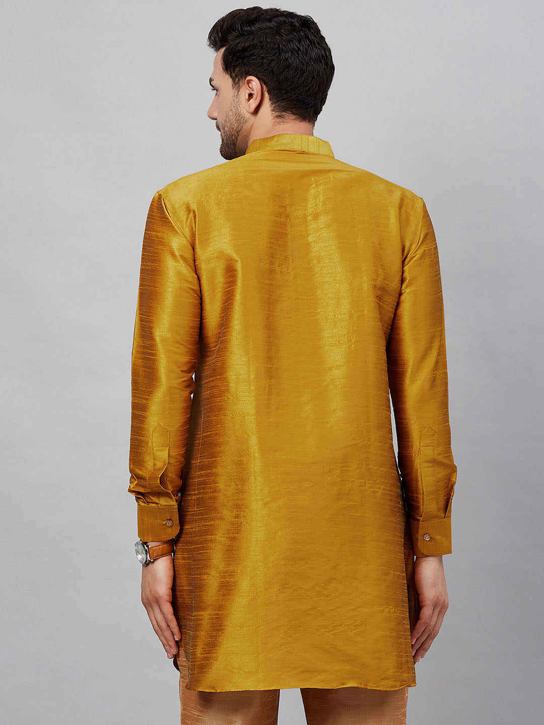VASTRAMAY Men's Yellow Silk Blend Curved Kurta