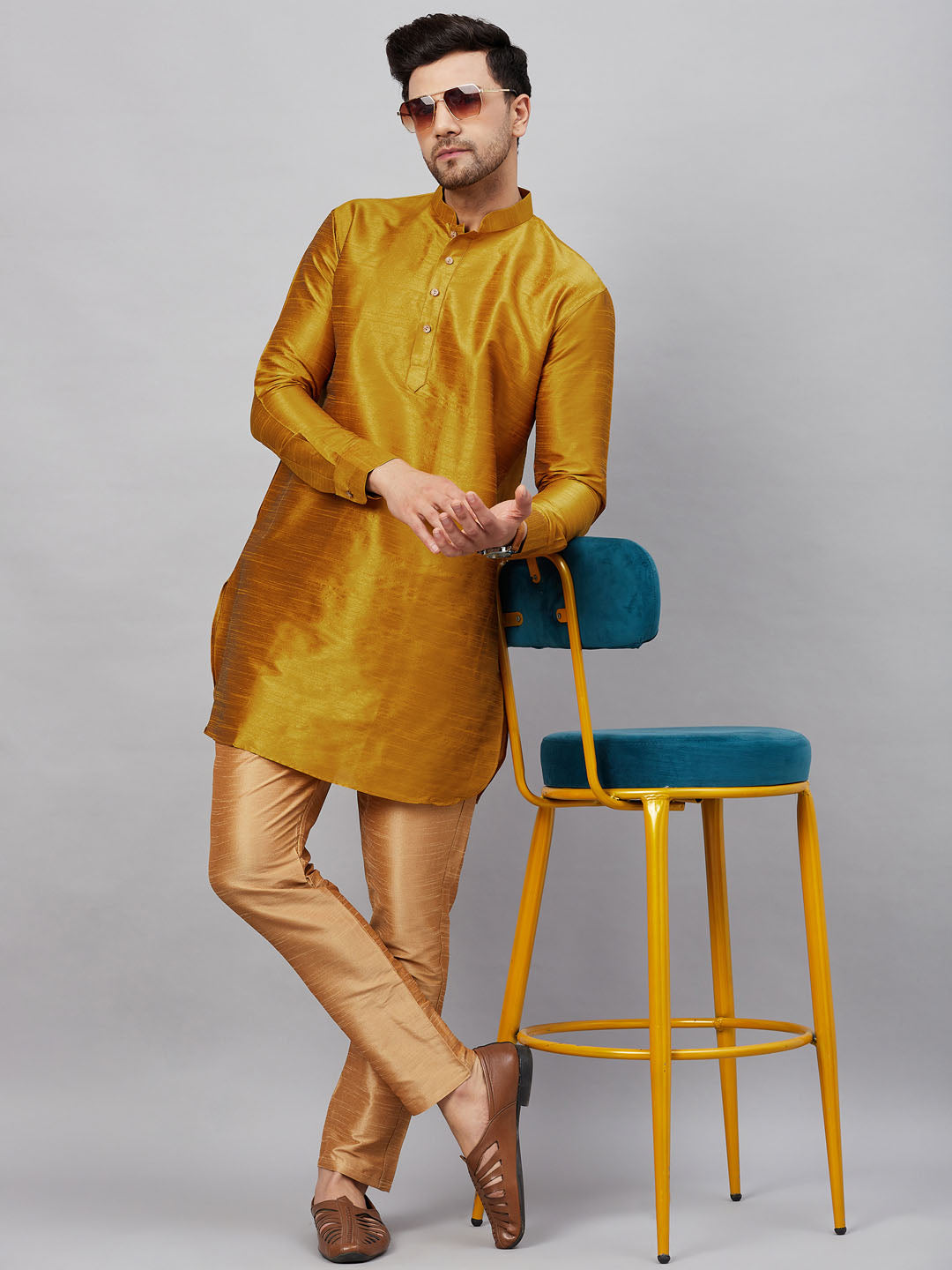 VASTRAMAY Men's Yellow Silk Blend Curved Kurta