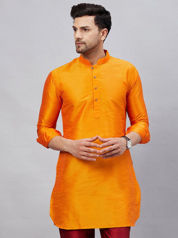 VASTRAMAY Men's Orange Silk Blend Curved Kurta