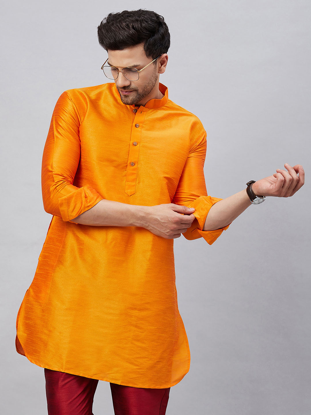 VASTRAMAY Men's Orange Silk Blend Curved Kurta