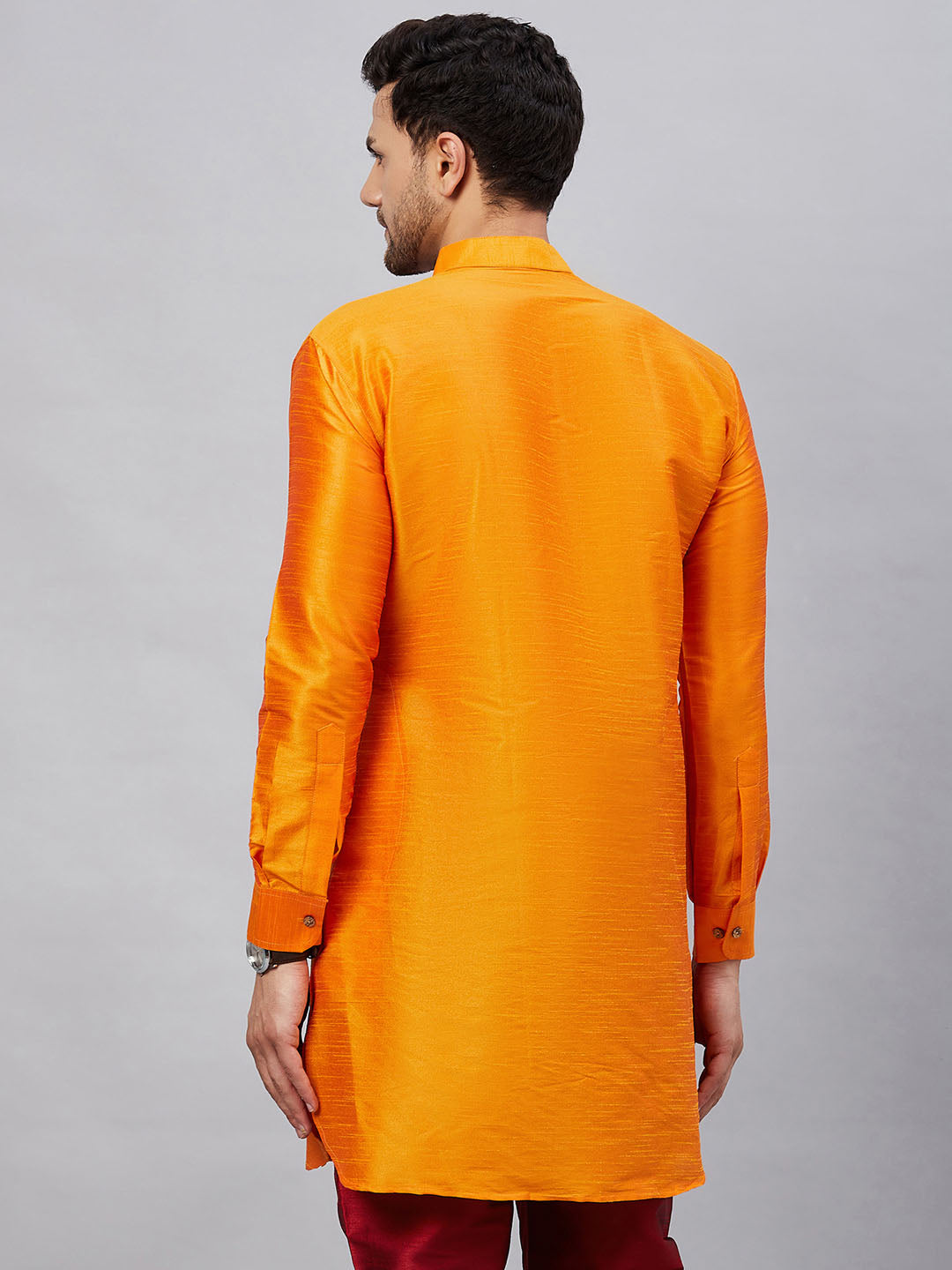 VASTRAMAY Men's Orange Silk Blend Curved Kurta