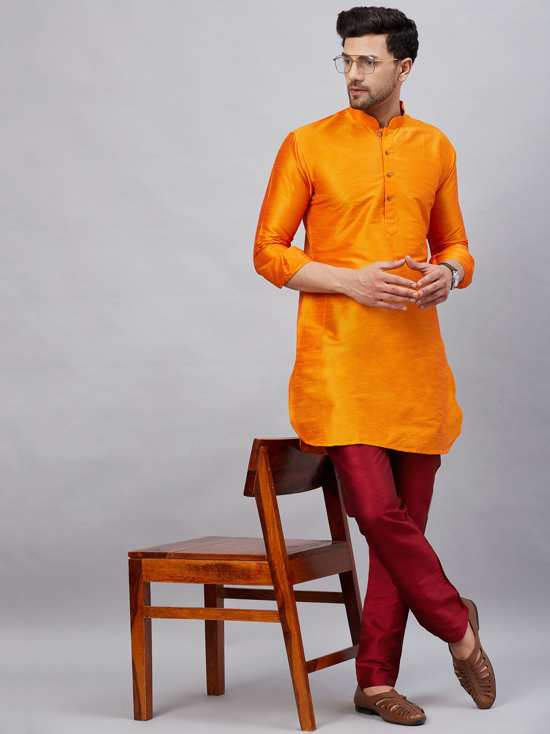 VASTRAMAY Men's Orange Silk Blend Curved Kurta