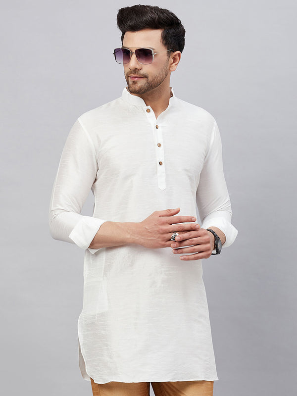 VASTRAMAY Men's White Silk Blend Curved Kurta