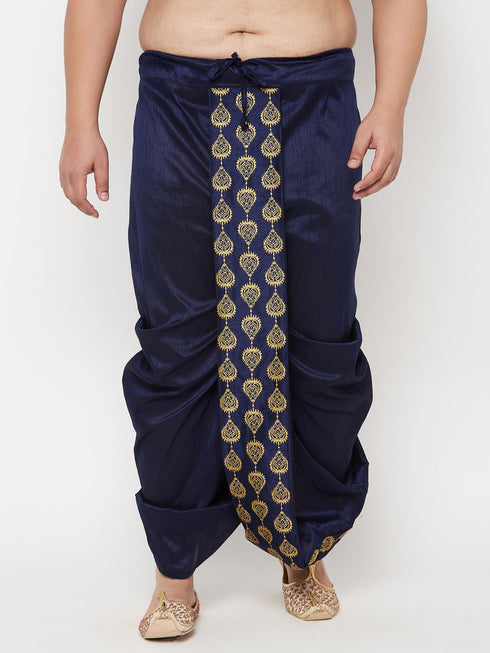 Men's Plus Size Navy Blue Cotton Blend Embroidered Traditional Dhoti