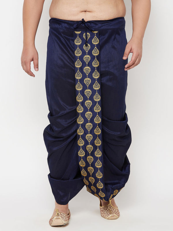 Men's Plus Size Navy Blue Cotton Blend Embroidered Traditional Dhoti