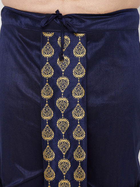 Men's Plus Size Navy Blue Cotton Blend Embroidered Traditional Dhoti