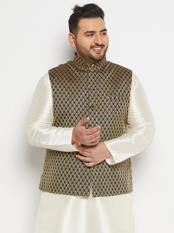Men's Plus Size Black And Gold Jacquard Nehru Jacket