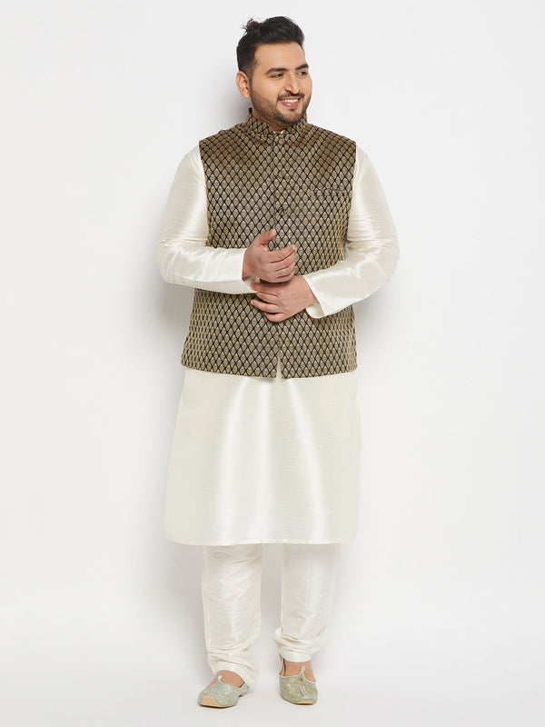 Men's Plus Size Black Ethnic Jacket With Cream Silk Blend Kurta And Pant Style Pyjama Set