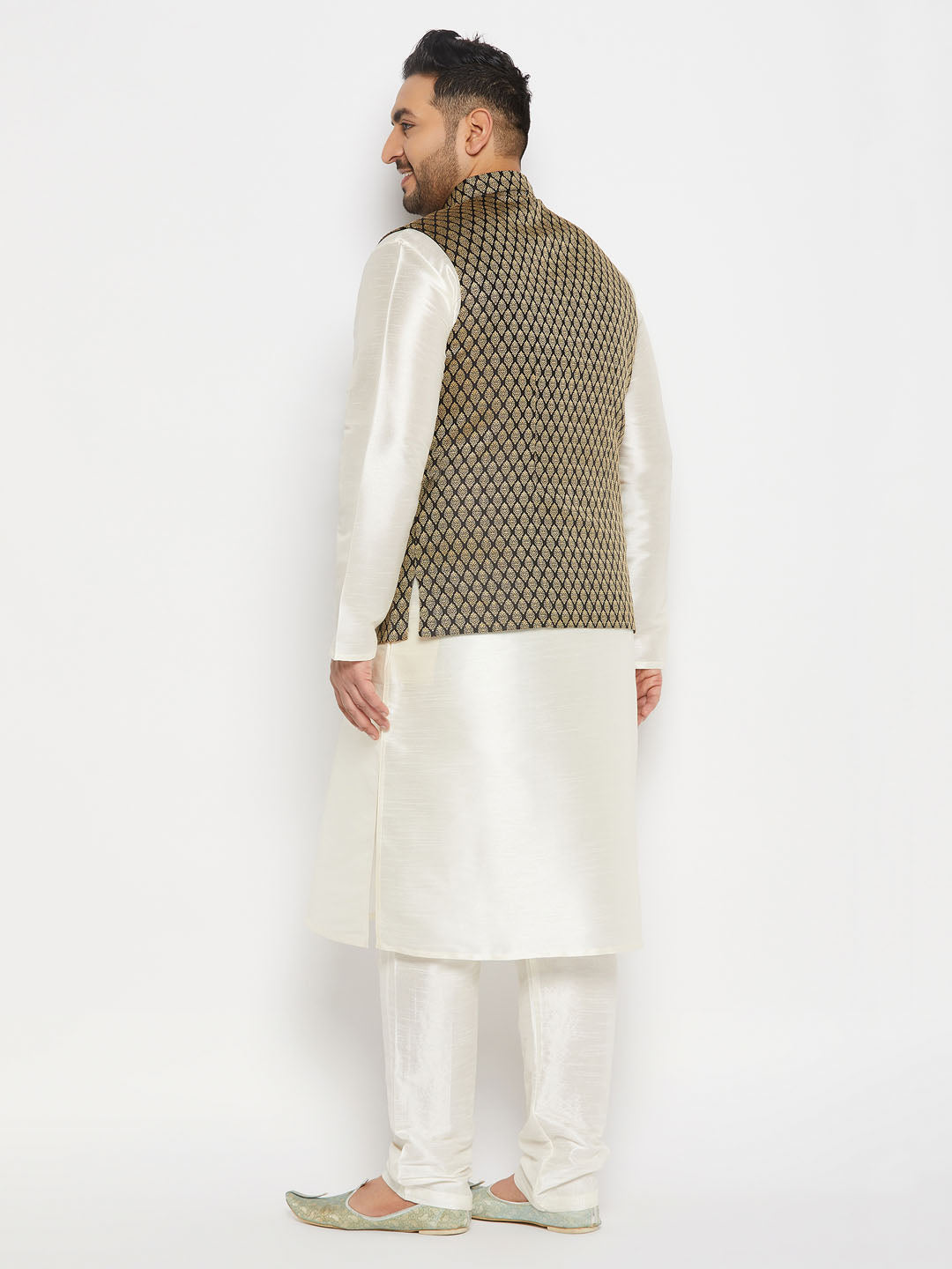 Men's Plus Size Black Ethnic Jacket With Cream Silk Blend Kurta And Pant Style Pyjama Set