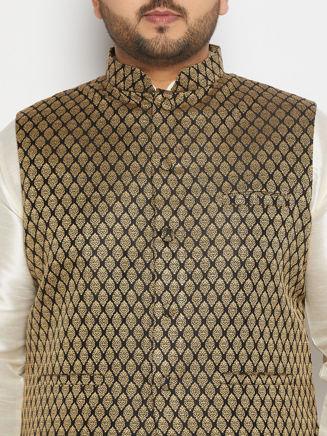 Men's Plus Size Black Ethnic Jacket With Cream Silk Blend Kurta And Pant Style Pyjama Set