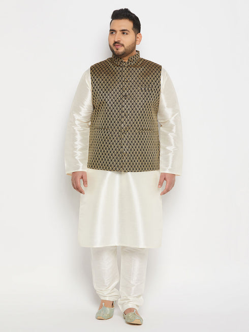 Men's Plus Size Black Ethnic Jacket With Cream Silk Blend Kurta And Pant Style Pyjama Set