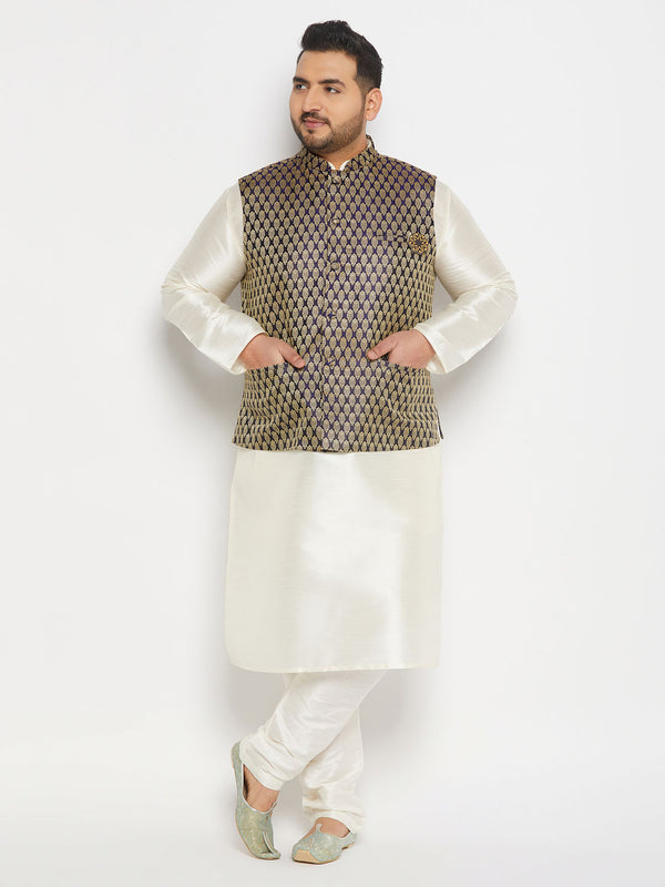 Men's Plus Size Blue Ethnic Jacket With Cream Silk Blend Kurta And Pant Style Pyjama Set