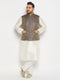 Men's Plus Size Blue Ethnic Jacket With Cream Silk Blend Kurta And Pant Style Pyjama Set