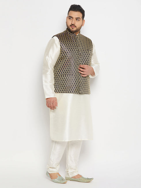 Men's Plus Size Blue Ethnic Jacket With Cream Silk Blend Kurta And Pant Style Pyjama Set