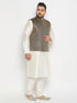 Men's Plus Size Blue Ethnic Jacket With Cream Silk Blend Kurta And Pant Style Pyjama Set