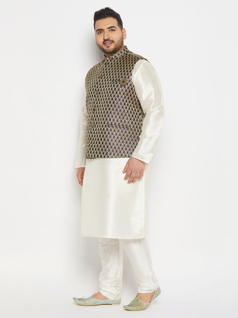 Men's Plus Size Blue Ethnic Jacket With Cream Silk Blend Kurta And Pant Style Pyjama Set