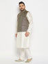 Men's Plus Size Blue Ethnic Jacket With Cream Silk Blend Kurta And Pant Style Pyjama Set