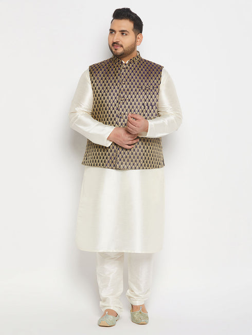 Men's Plus Size Blue Ethnic Jacket With Cream Silk Blend Kurta And Pant Style Pyjama Set