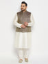 Men's Plus Size Blue Ethnic Jacket With Cream Silk Blend Kurta And Pant Style Pyjama Set