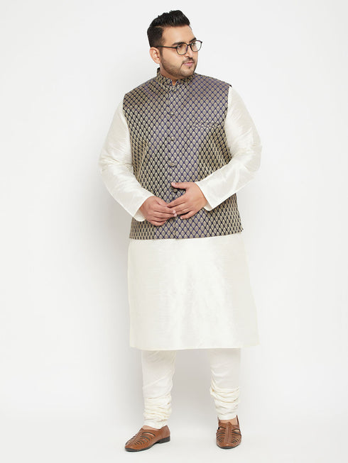 Men's Plus Size Cream And Navy Blue Silk Blend Jacket Kurta Pyjama Set