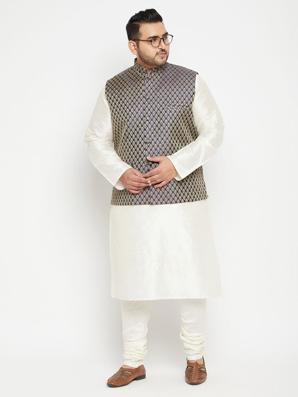 Men's Plus Size Cream And Navy Blue Silk Blend Jacket Kurta Pyjama Set