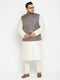 Men's Plus Size Cream And Navy Blue Silk Blend Jacket Kurta Pyjama Set