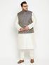 Men's Plus Size Cream And Navy Blue Silk Blend Jacket Kurta Pyjama Set