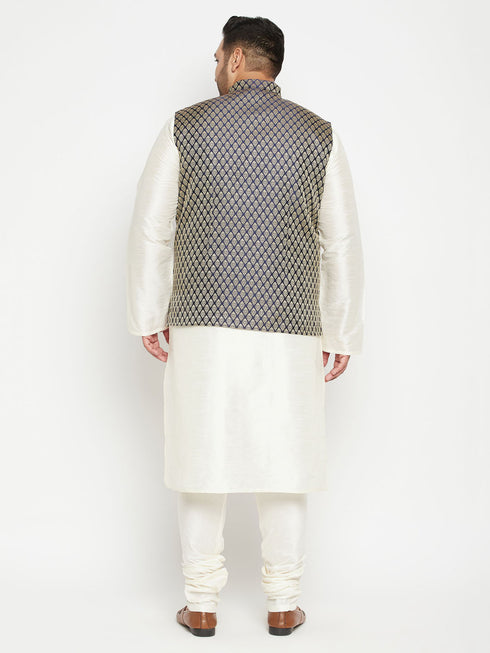Men's Plus Size Cream And Navy Blue Silk Blend Jacket Kurta Pyjama Set