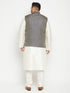 Men's Plus Size Cream And Navy Blue Silk Blend Jacket Kurta Pyjama Set