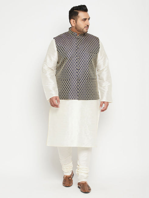 Men's Plus Size Cream And Navy Blue Silk Blend Jacket Kurta Pyjama Set