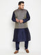 Men's Plus Size Navy Blue Woven Silk Blend Jacket Kurta Pyjama Set