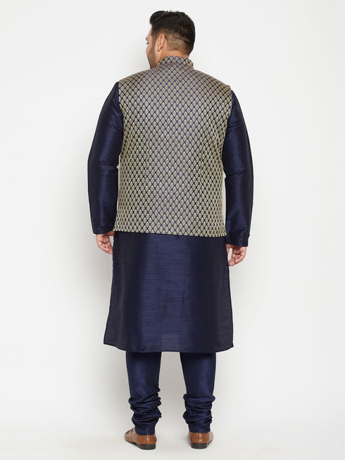 Men's Plus Size Navy Blue Woven Silk Blend Jacket Kurta Pyjama Set