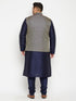 Men's Plus Size Navy Blue Woven Silk Blend Jacket Kurta Pyjama Set