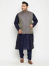 Men's Plus Size Navy Blue Woven Silk Blend Jacket Kurta Pyjama Set