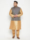Men's Plus Size Rose Gold And Blue Woven Silk Blend Jacket Kurta Pyjama Set