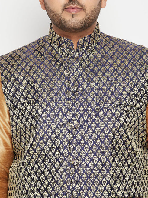 Men's Plus Size Rose Gold And Blue Woven Silk Blend Jacket Kurta Pyjama Set