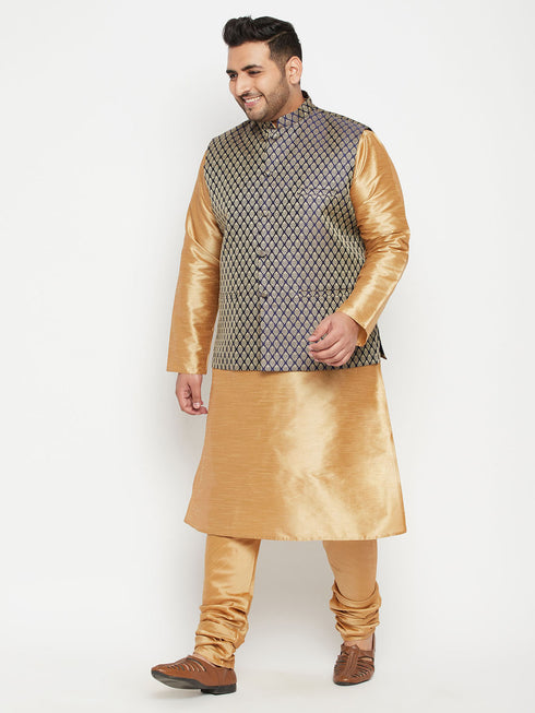 Men's Plus Size Rose Gold And Blue Woven Silk Blend Jacket Kurta Pyjama Set