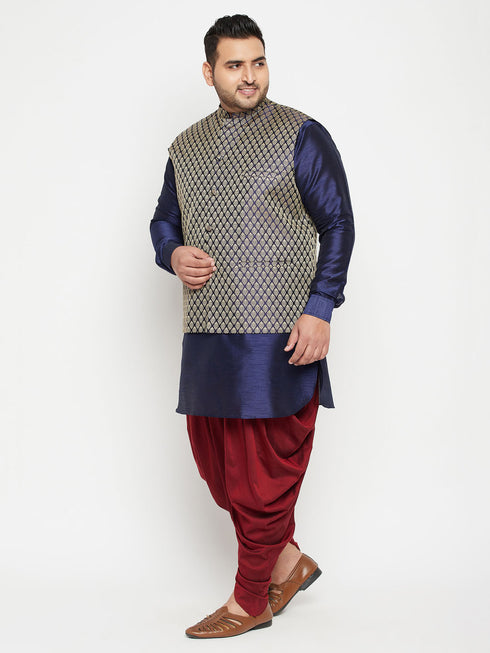 Men's Plus Size Navy Blue And Maroon Silk Blend Jacket Kurta Dhoti Pant Set